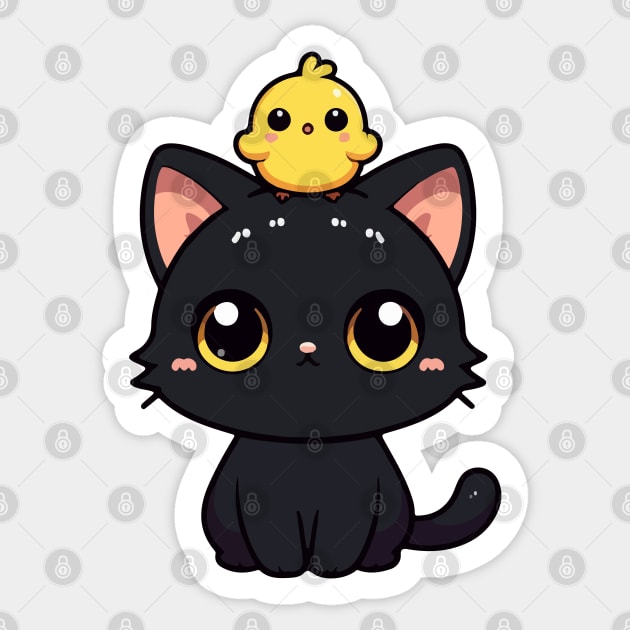 Cute Black Cat And Yellow Bird Sticker by TomFrontierArt